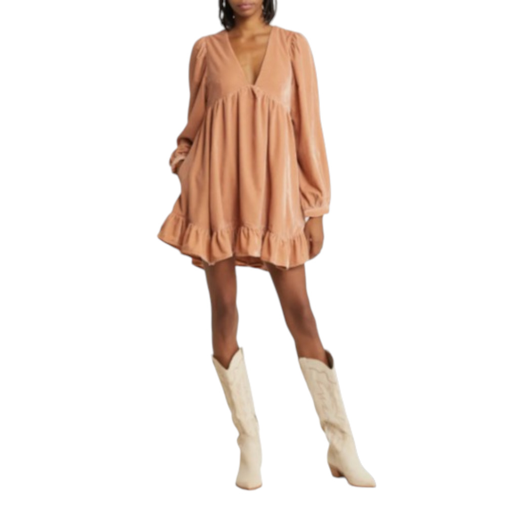 Free People Estella Rose Pearl Long Sleeve Ruffled Hem Velvet Minidress Sz XS